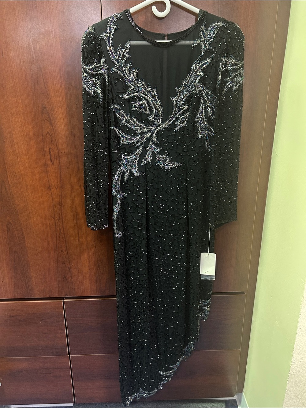 RARE! 80s VINTAGE Black Beaded Evening Dress Silver Embellishment asymmetric hem